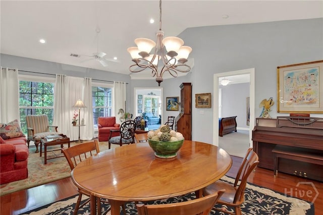 411 Southbridge Blvd Unit 706, Savannah, GA 31405 - dining room with vaulted ceiling, wood finished floors, a chandelier, ceiling fan, and recessed lighting