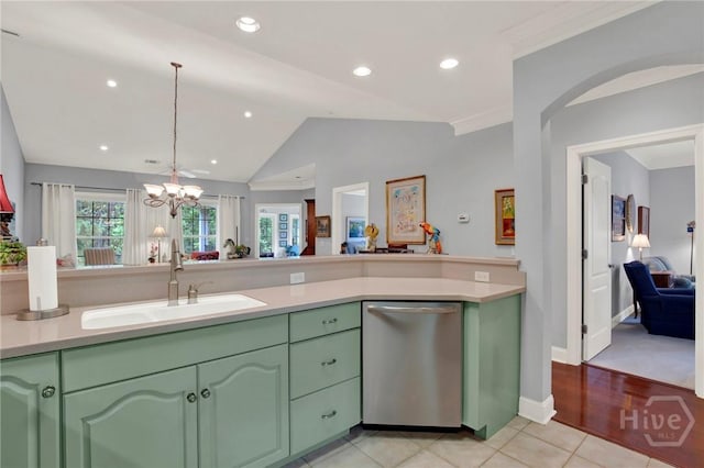 411 Southbridge Blvd Unit 706, Savannah, GA 31405 - kitchen featuring dishwasher, a sink, light countertops, vaulted ceiling, and a chandelier