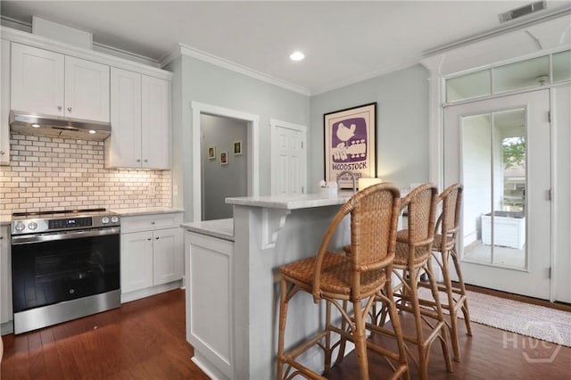 49 Tidewater Rd, Savannah, GA 31406 - kitchen with electric stove, under cabinet range hood, ornamental molding, light countertops, and a kitchen breakfast bar