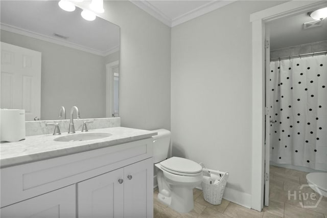 49 Tidewater Rd, Savannah, GA 31406 - full bathroom with toilet, vanity, tile patterned flooring, a shower with shower curtain, and ornamental molding
