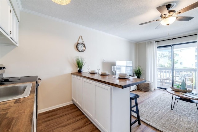 1217 Bay St Unit 105A, Tybee Island, GA 31328 - kitchen featuring butcher block counters, wood finished floors, a breakfast bar, a peninsula, and crown molding