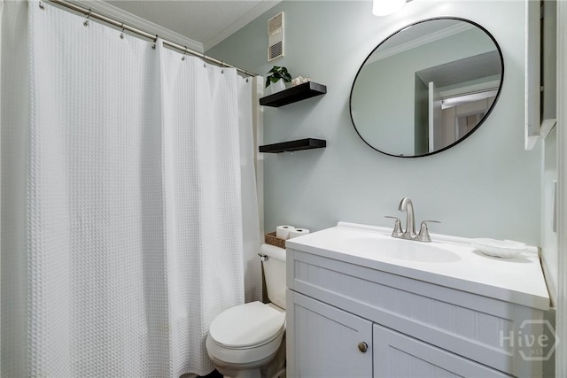 1217 Bay St Unit 105A, Tybee Island, GA 31328 - bathroom with ornamental molding, vanity, and a shower with shower curtain