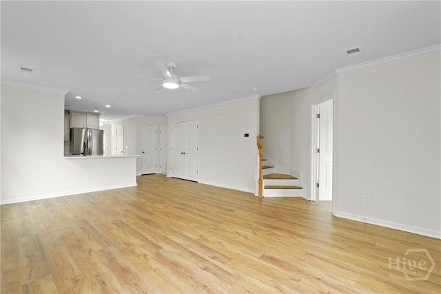 3 Chandler Bluff Dr, Savannah, GA 31407 - unfurnished living room featuring crown molding, light wood-type flooring, stairs, ceiling fan, and recessed lighting