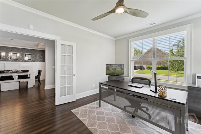 117 Oakcrest Dr W, Savannah, GA 31405 - office area with wood finished floors, crown molding, ceiling fan, french doors, and a chandelier
