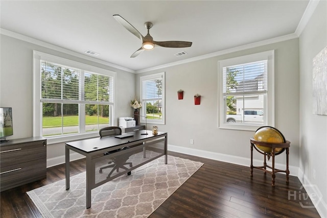 117 Oakcrest Dr W, Savannah, GA 31405 - office space with plenty of natural light, ornamental molding, a ceiling fan, and dark wood-style floors