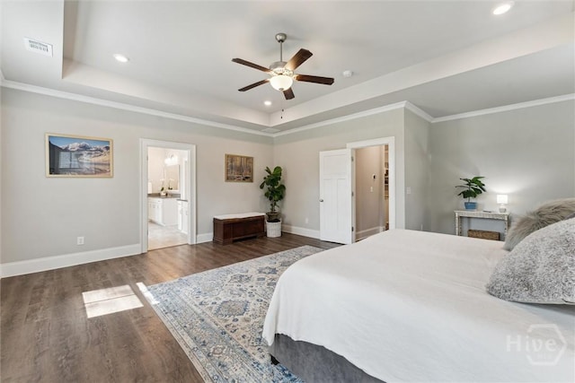 117 Oakcrest Dr W, Savannah, GA 31405 - bedroom with a raised ceiling, wood finished floors, recessed lighting, ensuite bath, and a ceiling fan