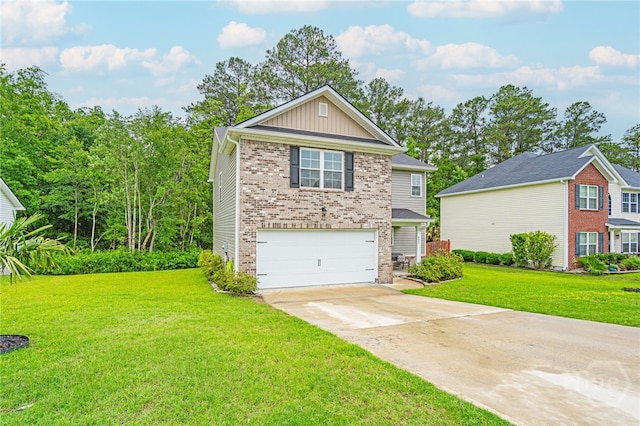 452 Keller Rd, Rincon, GA 31326 - traditional-style house with brick siding, a garage, driveway, a front lawn, and board and batten siding