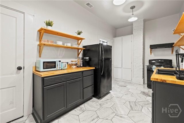 1212 Price St, Savannah, GA 31401 - kitchen featuring wooden counters, open shelves, black appliances, and gray cabinets