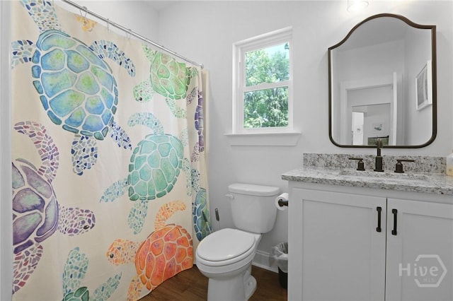 1003 Dolphin Ct, Townsend, GA 31331 - full bath with vanity, wood finished floors, and a shower with shower curtain