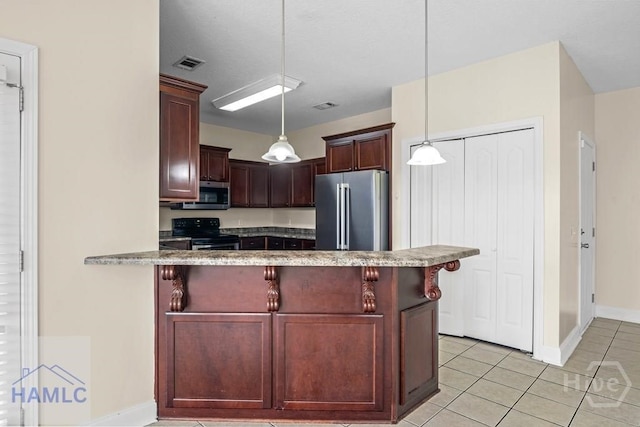 432 Cypress Creek Dr NE, Ludowici, GA 31316 - kitchen featuring stainless steel appliances, light tile patterned flooring, a peninsula, hanging light fixtures, and a kitchen breakfast bar