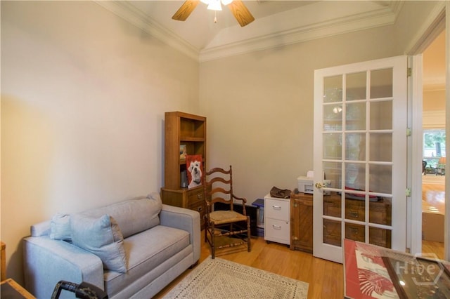 39 Grand Lake Cir, Savannah, GA 31405 - living area with light wood-style flooring, ceiling fan, crown molding, and french doors