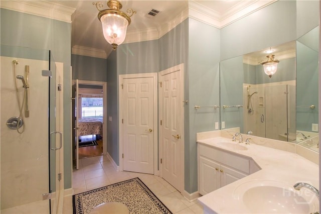 39 Grand Lake Cir, Savannah, GA 31405 - bathroom with a stall shower, crown molding, tile patterned flooring, and double vanity