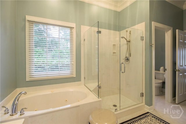 39 Grand Lake Cir, Savannah, GA 31405 - bathroom with a tub with jets, a shower stall, ornamental molding, and tile patterned flooring