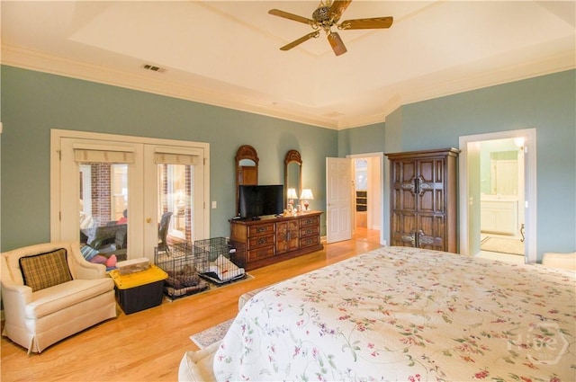 39 Grand Lake Cir, Savannah, GA 31405 - bedroom featuring ornamental molding, access to outside, french doors, wood finished floors, and ensuite bath