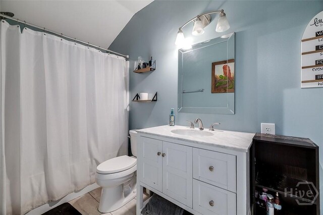 251 Old Louisville Rd, Guyton, GA 31312 - full bath with tile patterned floors, vanity, lofted ceiling, and curtained shower