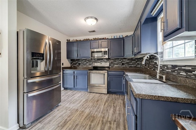 251 Old Louisville Rd, Guyton, GA 31312 - kitchen featuring appliances with stainless steel finishes, dark countertops, backsplash, light wood-style flooring, and a textured ceiling