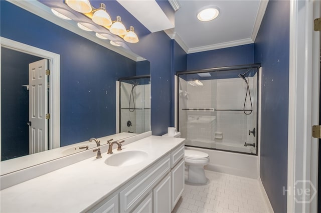 4 Hedgewood Ln, Savannah, GA 31411 - bathroom featuring vanity, shower / bath combination with glass door, crown molding, and tile patterned flooring