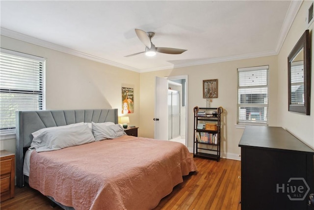 5527 Habersham St, Savannah, GA 31405 - bedroom featuring wood finished floors, ornamental molding, ceiling fan, and connected bathroom