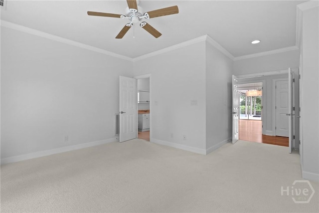 8 Boars Nest Ln, Savannah, GA 31411 - unfurnished bedroom with carpet, ornamental molding, recessed lighting, and a ceiling fan