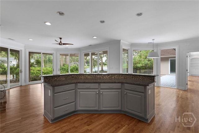 8 Boars Nest Ln, Savannah, GA 31411 - kitchen featuring gray cabinets, ceiling fan, dark wood-type flooring, a center island, and ornamental molding
