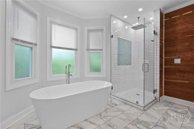 8 Boars Nest Ln, Savannah, GA 31411 - bathroom featuring marble finish floors, a soaking tub, a shower stall, ornamental molding, and recessed lighting