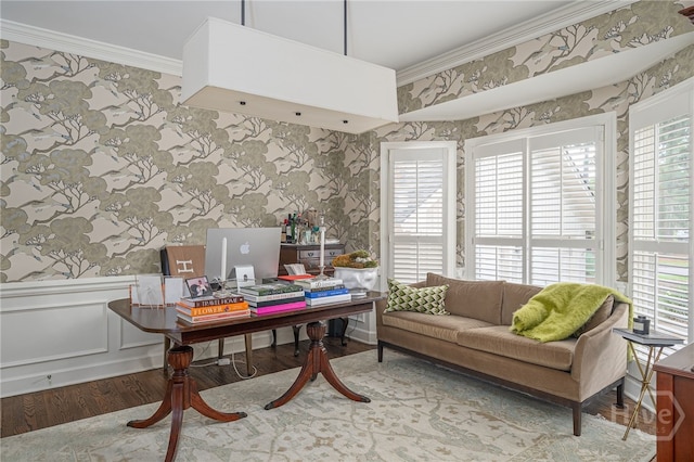 3 Franklin Creek Rd S, Savannah, GA 31411 - office with wallpapered walls, crown molding, wood finished floors, and a wainscoted wall