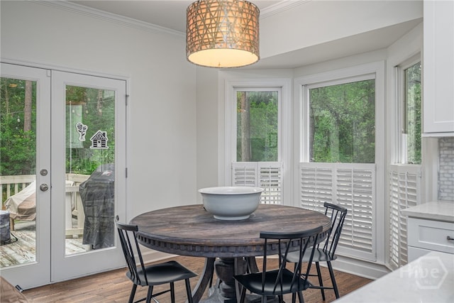 3 Franklin Creek Rd S, Savannah, GA 31411 - dining area with french doors, healthy amount of natural light, wood finished floors, and crown molding