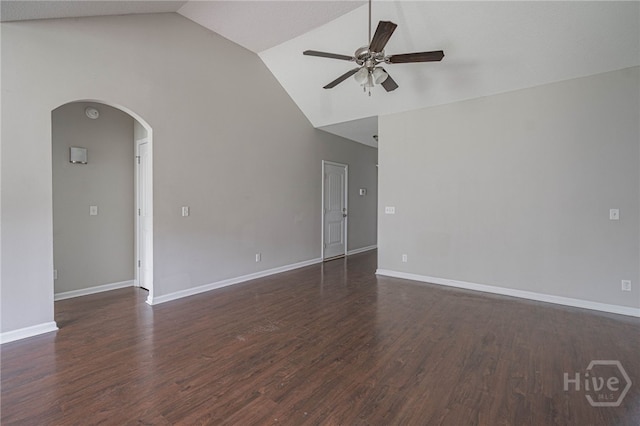 1506 Bayberry Dr, Hinesville, GA 31313 - empty room featuring ceiling fan, arched walkways, high vaulted ceiling, and dark wood-style flooring