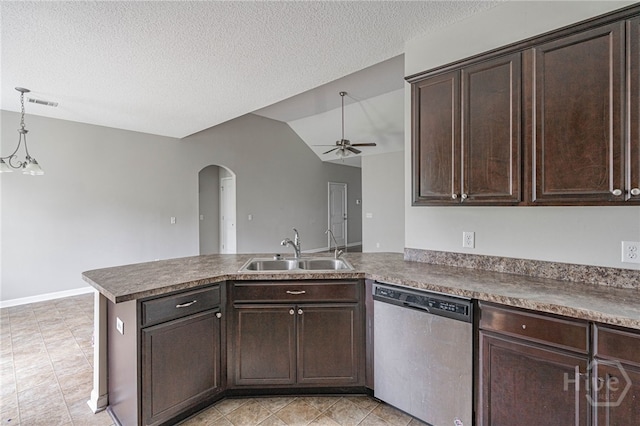 1506 Bayberry Dr, Hinesville, GA 31313 - kitchen featuring stainless steel dishwasher, arched walkways, a peninsula, dark brown cabinetry, and lofted ceiling