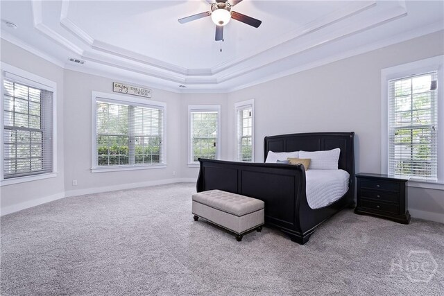 370 Blackjack Oak Dr W, Richmond Hill, GA 31324 - carpeted bedroom featuring a raised ceiling, crown molding, and ceiling fan