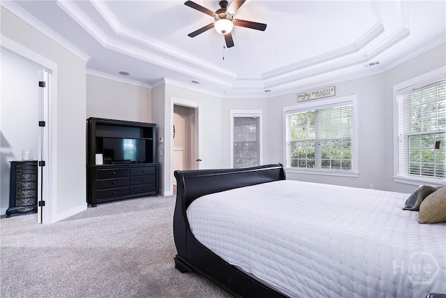 370 Blackjack Oak Dr W, Richmond Hill, GA 31324 - bedroom featuring a raised ceiling, light carpet, crown molding, and ceiling fan