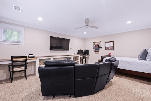 370 Blackjack Oak Dr W, Richmond Hill, GA 31324 - living area with light carpet, ceiling fan, recessed lighting, and built in desk
