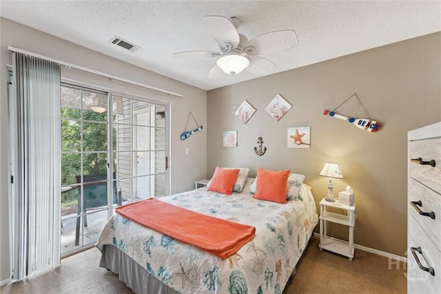 12300 Apache Ave Unit 1003, Savannah, GA 31419 - bedroom with access to outside, carpet floors, a textured ceiling, and a ceiling fan