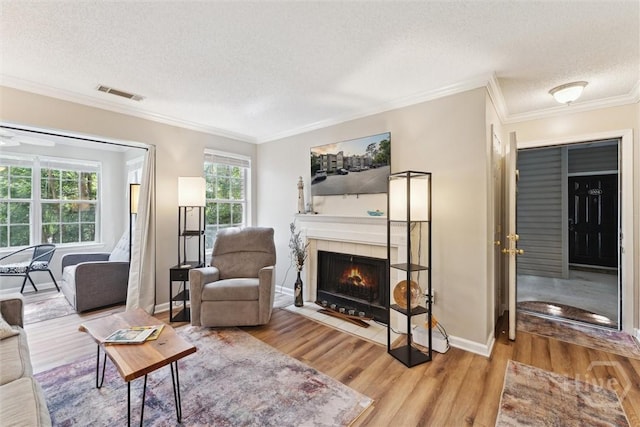 12300 Apache Ave Unit 1003, Savannah, GA 31419 - living room with a textured ceiling, wood finished floors, crown molding, and a fireplace