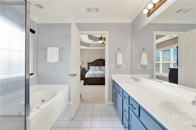 306 Walthour Dr, Rincon, GA 31326 - full bathroom with ensuite bath, a ceiling fan, double vanity, a jetted tub, and tile patterned floors