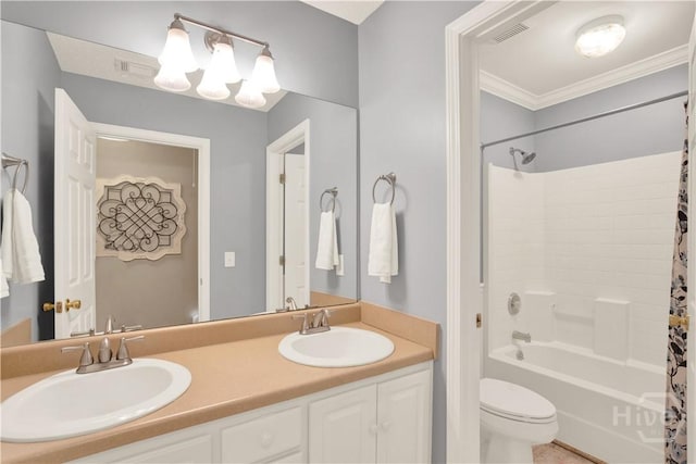 306 Walthour Dr, Rincon, GA 31326 - bathroom featuring double vanity, shower / bath combo with shower curtain, ornamental molding, and a chandelier