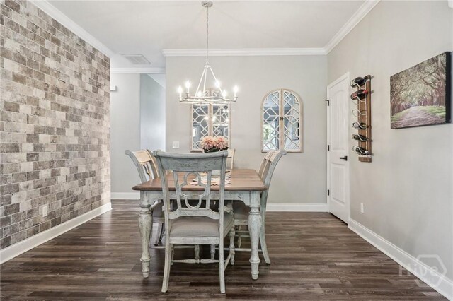 18 Sagefield Dr, Ellabell, GA 31308 - dining area featuring a chandelier, dark wood-style flooring, crown molding, and brick wall
