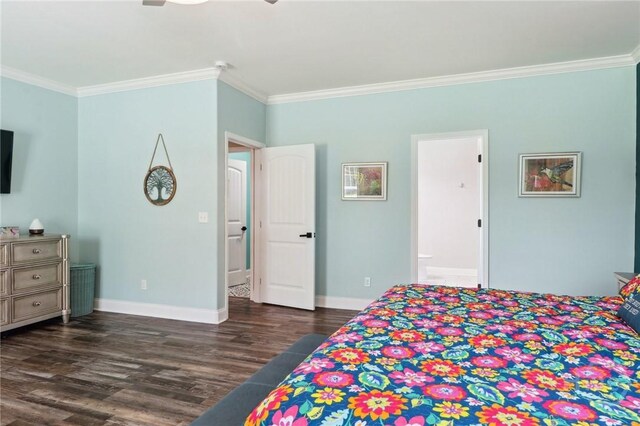 18 Sagefield Dr, Ellabell, GA 31308 - bedroom featuring crown molding, dark wood-style floors, connected bathroom, and ceiling fan
