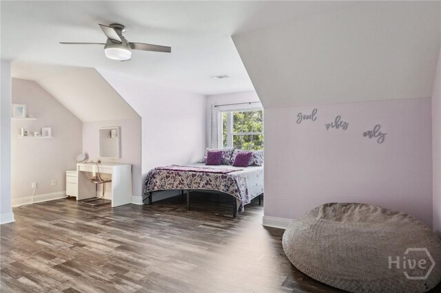 18 Sagefield Dr, Ellabell, GA 31308 - bedroom with wood finished floors, vaulted ceiling, and ceiling fan