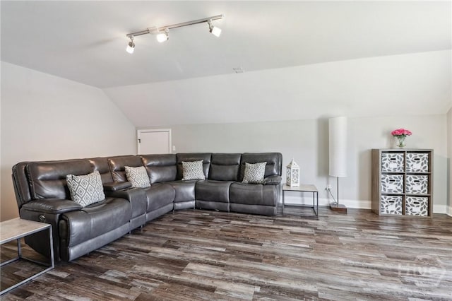 18 Sagefield Dr, Ellabell, GA 31308 - living room featuring wood finished floors, lofted ceiling, and rail lighting