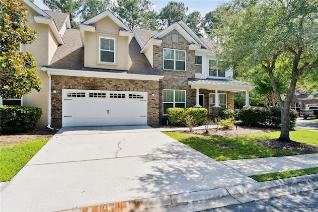 146 Royal Ln, Pooler, GA 31322 - craftsman-style house with driveway, a shingled roof, stucco siding, and brick siding