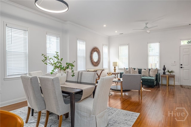 316 E 31st St, Savannah, GA 31401 - dining area featuring crown molding, hardwood / wood-style flooring, ceiling fan, and recessed lighting