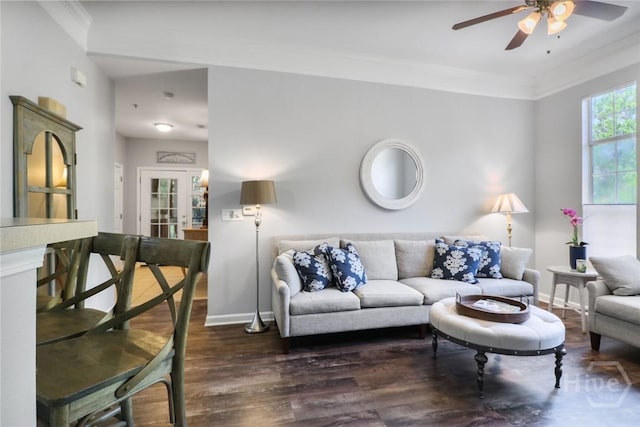 1212 Whitemarsh Way, Savannah, GA 31410 - living room featuring a ceiling fan, ornamental molding, and wood finished floors