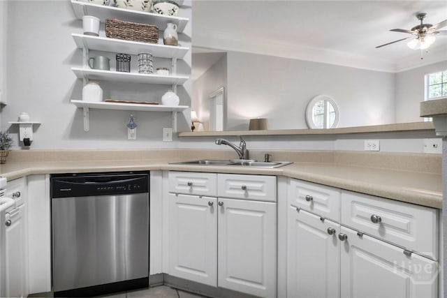 1212 Whitemarsh Way, Savannah, GA 31410 - kitchen with dishwasher, open shelves, white cabinets, a ceiling fan, and light countertops