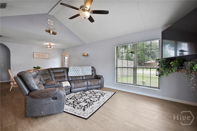 316 Clairemore Cir, Hinesville, GA 31313 - living room with ceiling fan, wood finished floors, and high vaulted ceiling