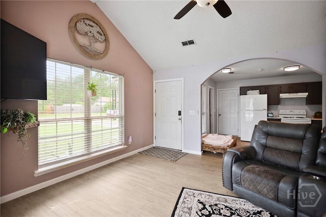 316 Clairemore Cir, Hinesville, GA 31313 - living room with arched walkways, ceiling fan, light wood-type flooring, and lofted ceiling
