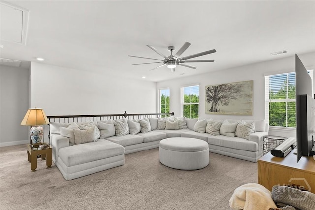 104 Finch Ln, Guyton, GA 31312 - living room with attic access, carpet flooring, a ceiling fan, and recessed lighting