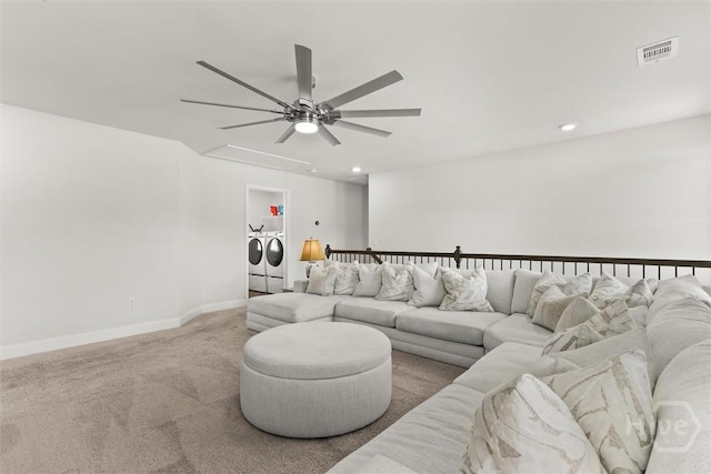 104 Finch Ln, Guyton, GA 31312 - living room with washing machine and clothes dryer, ceiling fan, carpet floors, and recessed lighting