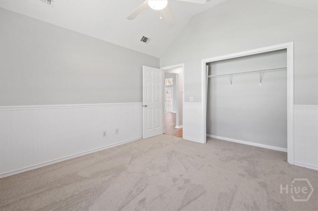 65 Golden Gate Dr, Pooler, GA 31322 - unfurnished bedroom with wainscoting, a closet, carpet flooring, ceiling fan, and high vaulted ceiling
