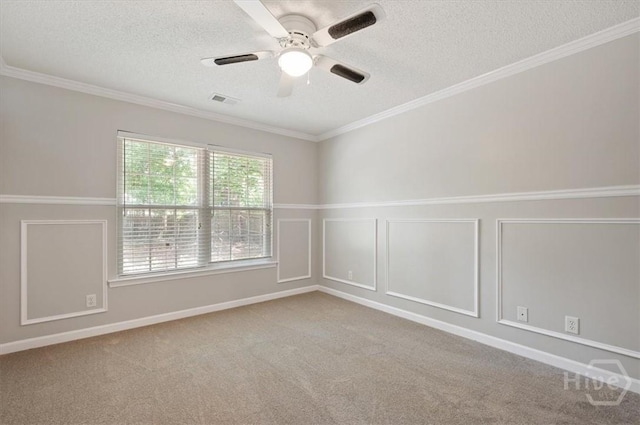 65 Golden Gate Dr, Pooler, GA 31322 - unfurnished room with a textured ceiling, carpet flooring, a ceiling fan, crown molding, and wainscoting